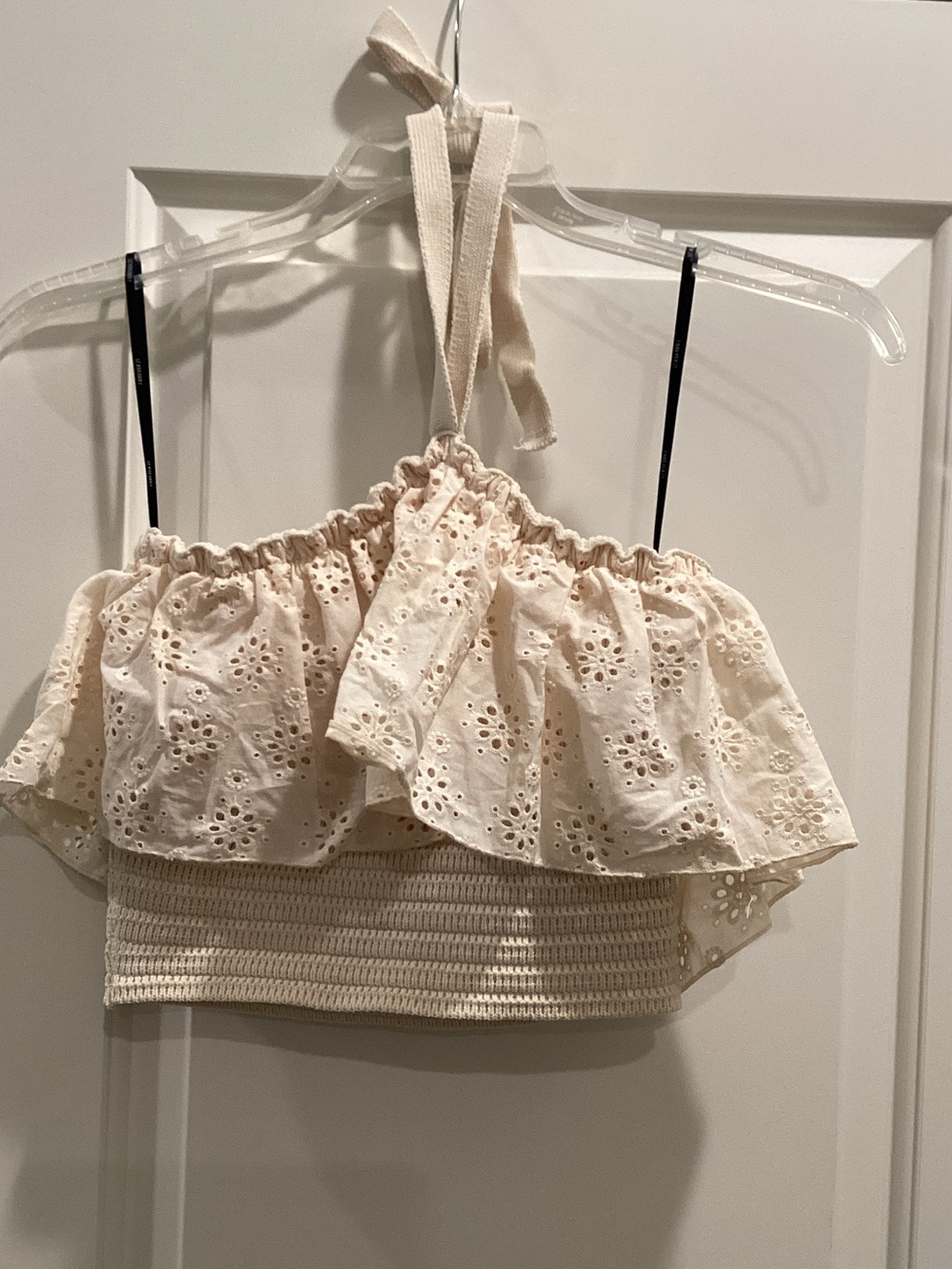 Forever 21 Cream Eyelet Ruffle Halter Crop Top